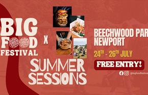 Big Food Festival x Summer Sessions, Beechwood Park Newport, 24 to 26 July, free entry. Photos of street food and festival crowds.